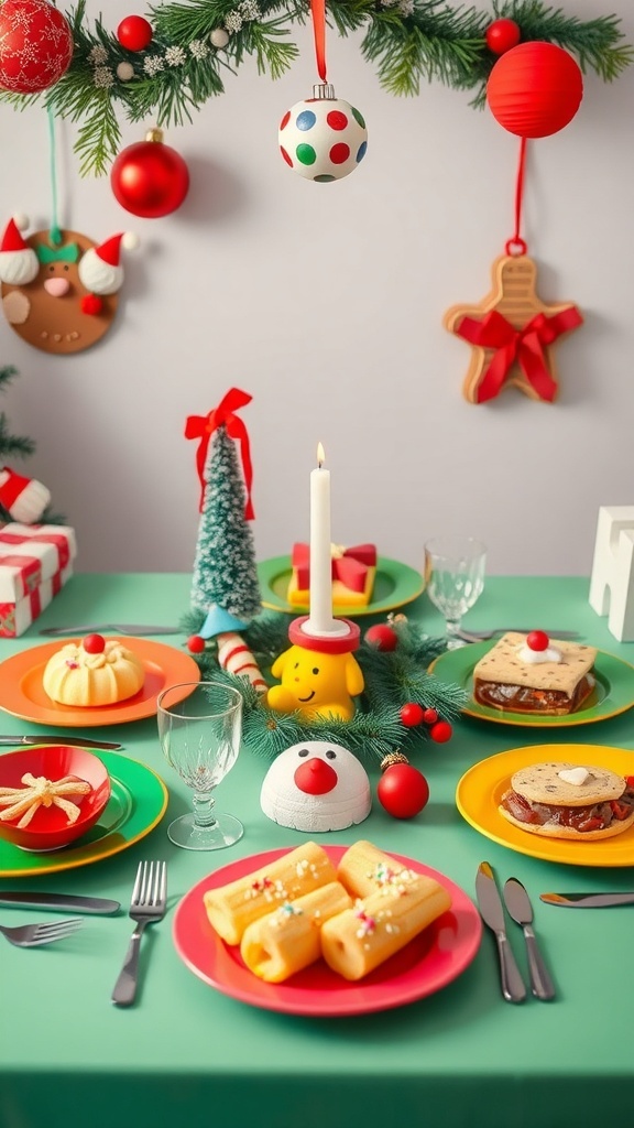 A colorful kids' Christmas table setting with playful decorations and festive snacks.