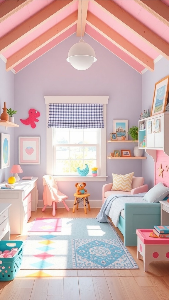 A colorful kids' room with playful decor, featuring a pink and blue color scheme, a cozy reading nook, and fun toys.