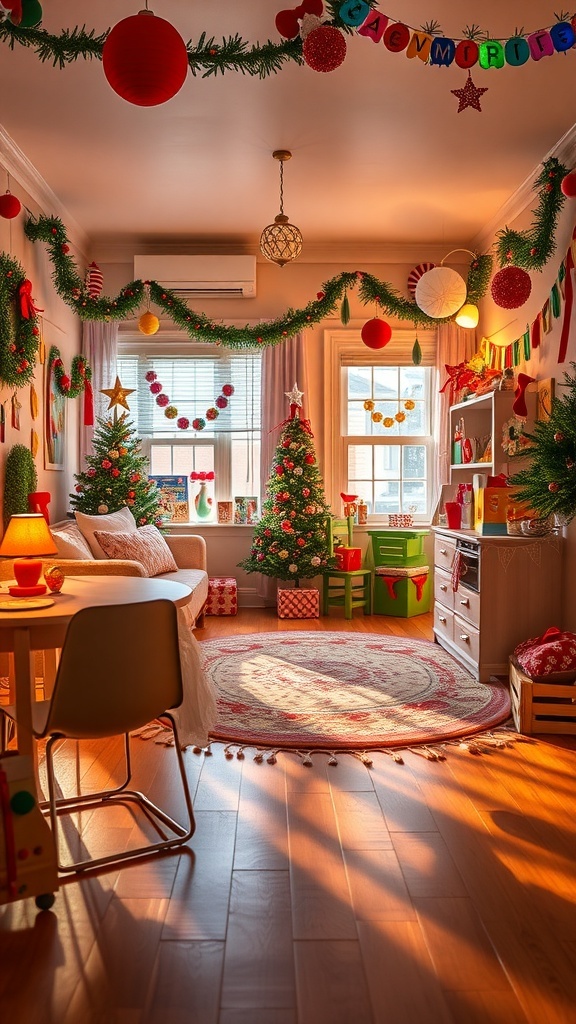 A playful kids' room decorated for Christmas with colorful ornaments, lights, and a small tree.