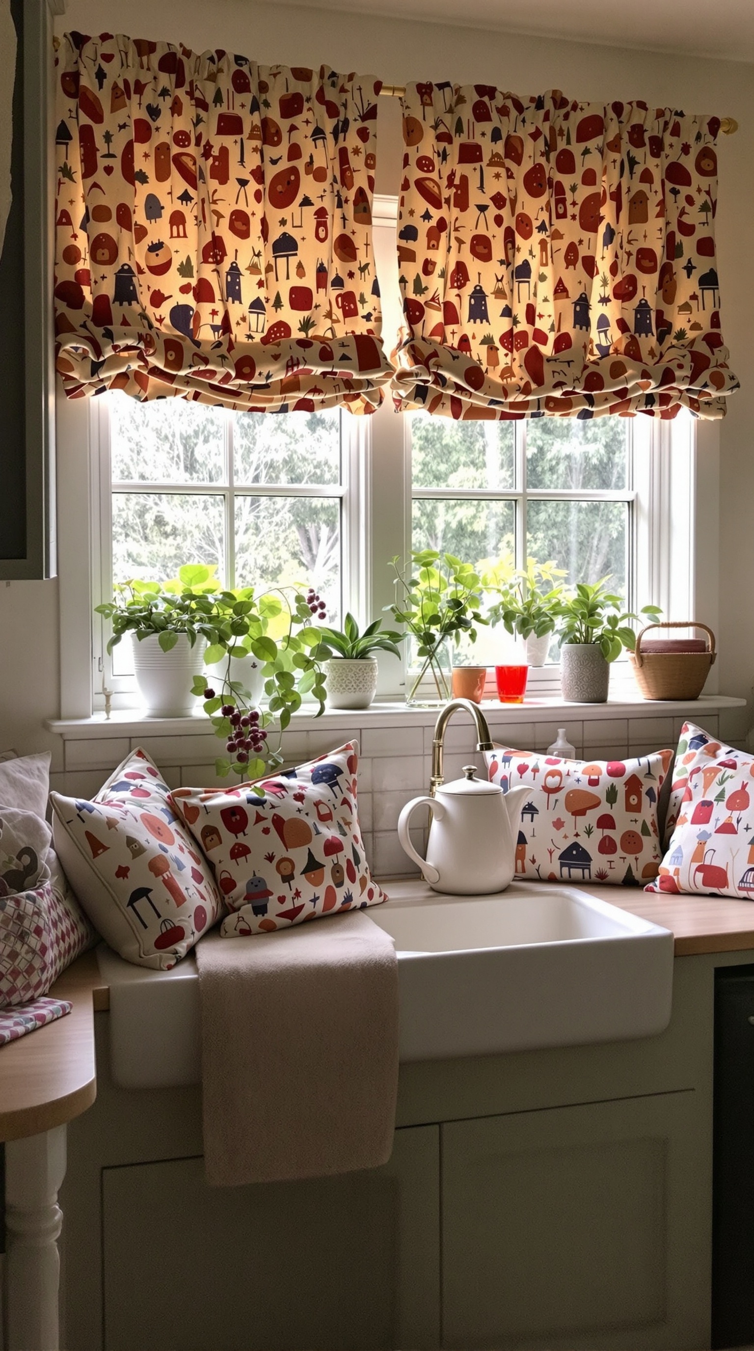 A cozy cottage kitchen featuring playful patterned curtains with birds and flowers, soft blue cabinetry, and wooden accents.