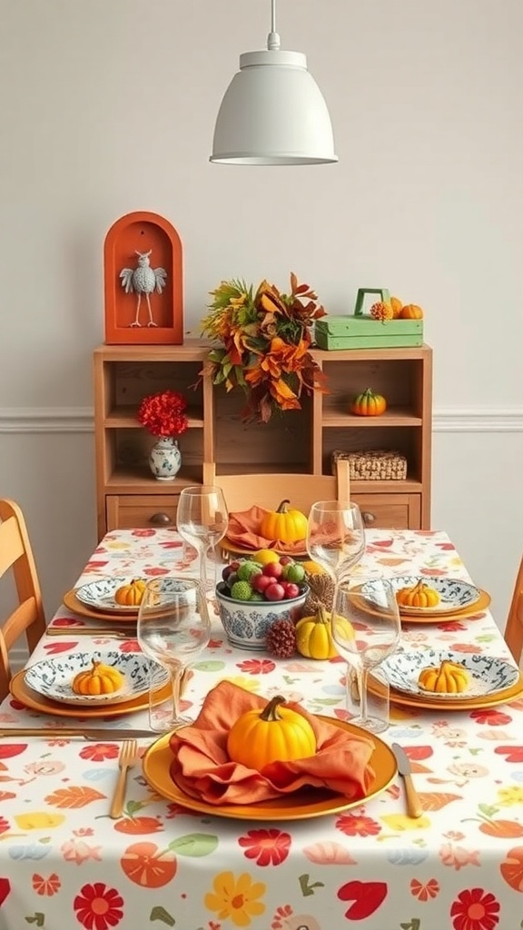 Thanksgiving table setting with playful patterns and mixed textiles featuring a floral tablecloth, decorative pumpkins, and a fruit centerpiece.