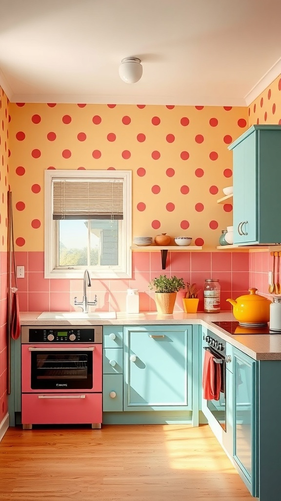 A colorful kitchen with polka dot wallpaper, featuring pink and orange colors.