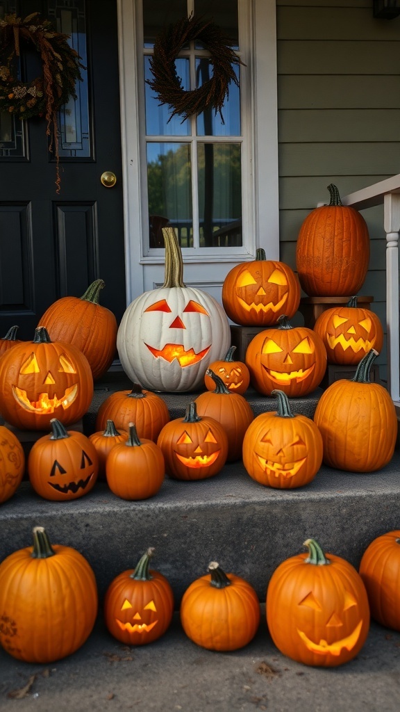 A collection of carved pumpkins with various expressions, arranged on a porch.
