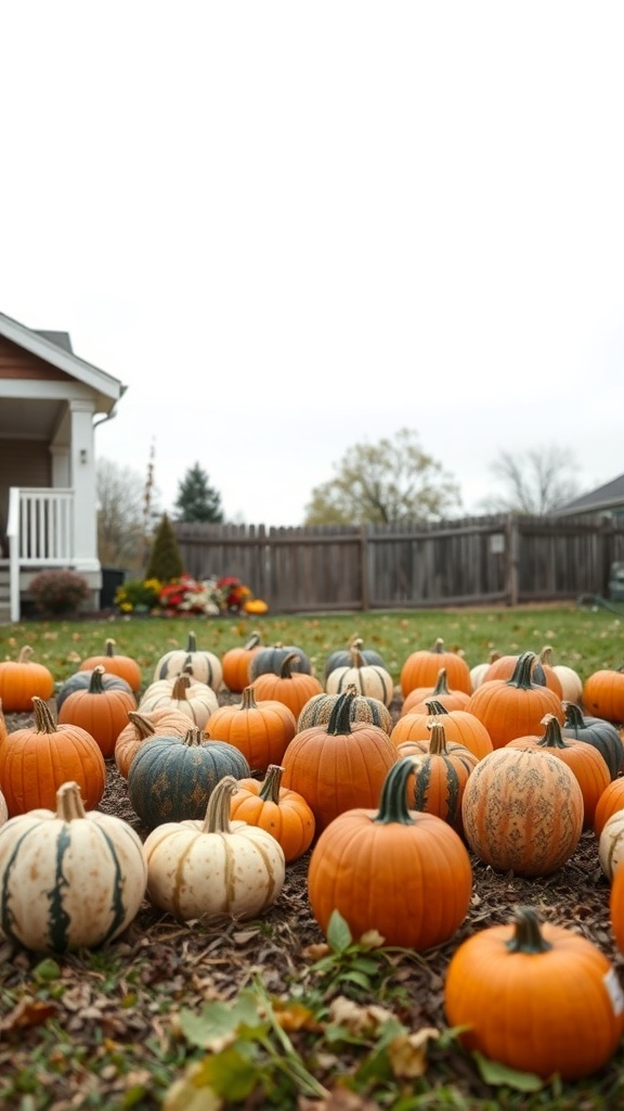 A front yard filled with various pumpkins, showcasing a playful Halloween decor theme.