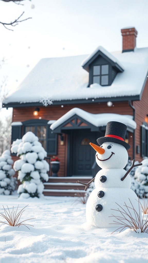 A cheerful snowman with a top hat and a carrot nose in front of a cozy winter house.