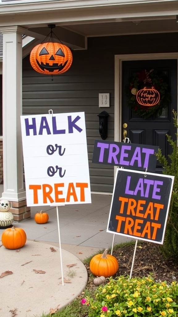 Two playful Halloween signs reading 'HALK or TREAT' and 'LATE TREAT TREAT' with pumpkins and a lantern.