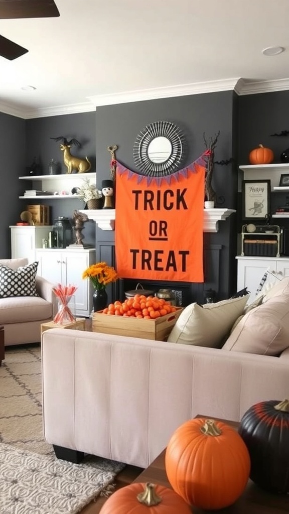 A Halloween-themed living room with decorations including a 'TIRK or TRAIT' banner, pumpkins, and candy.