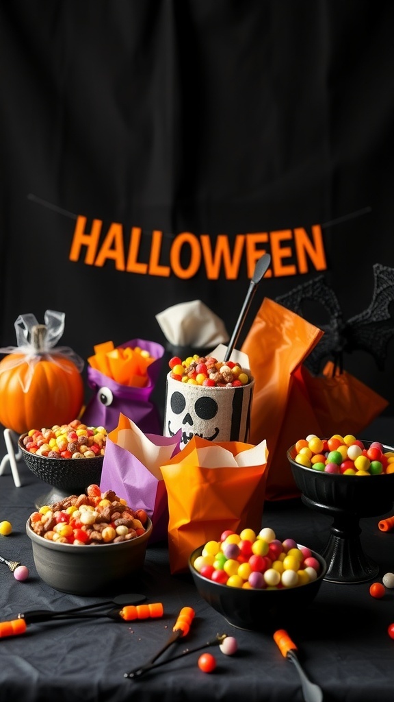 A colorful Halloween candy display with various bowls and bags filled with treats, set against a black background.