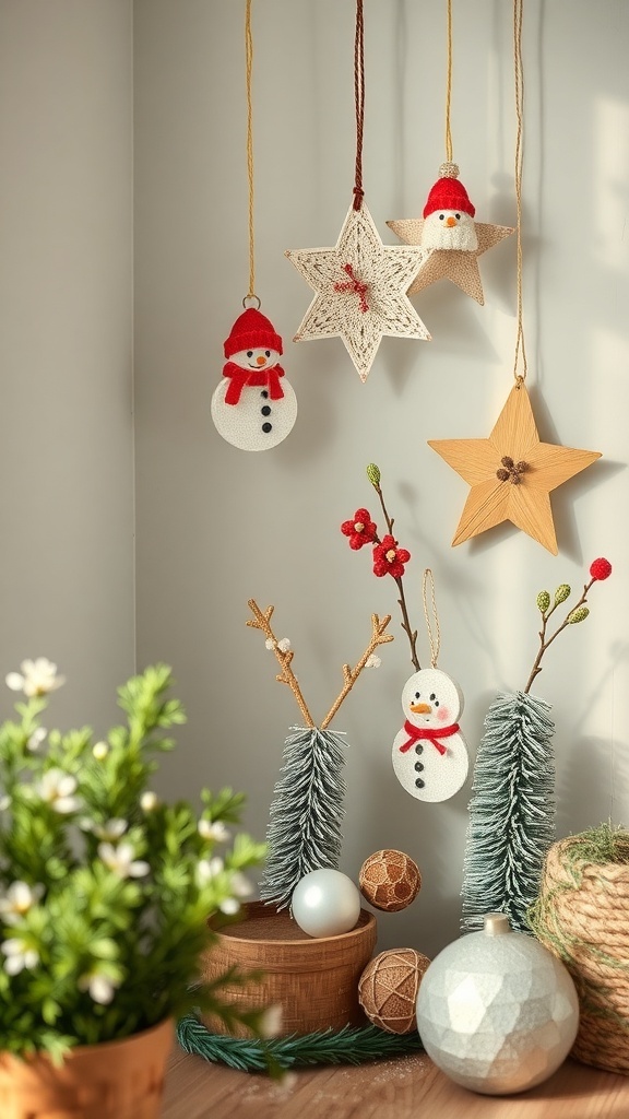 Colorful winter crafts including snowman ornaments and star decorations hanging on a wall.