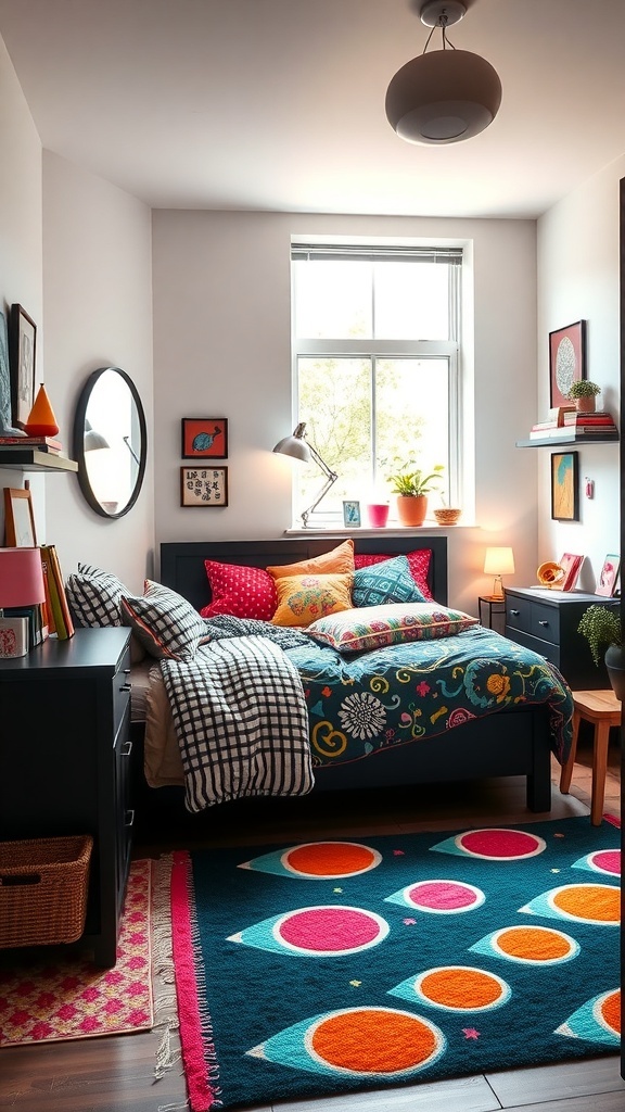 A playful bedroom featuring black furniture, pink walls, and colorful decor.