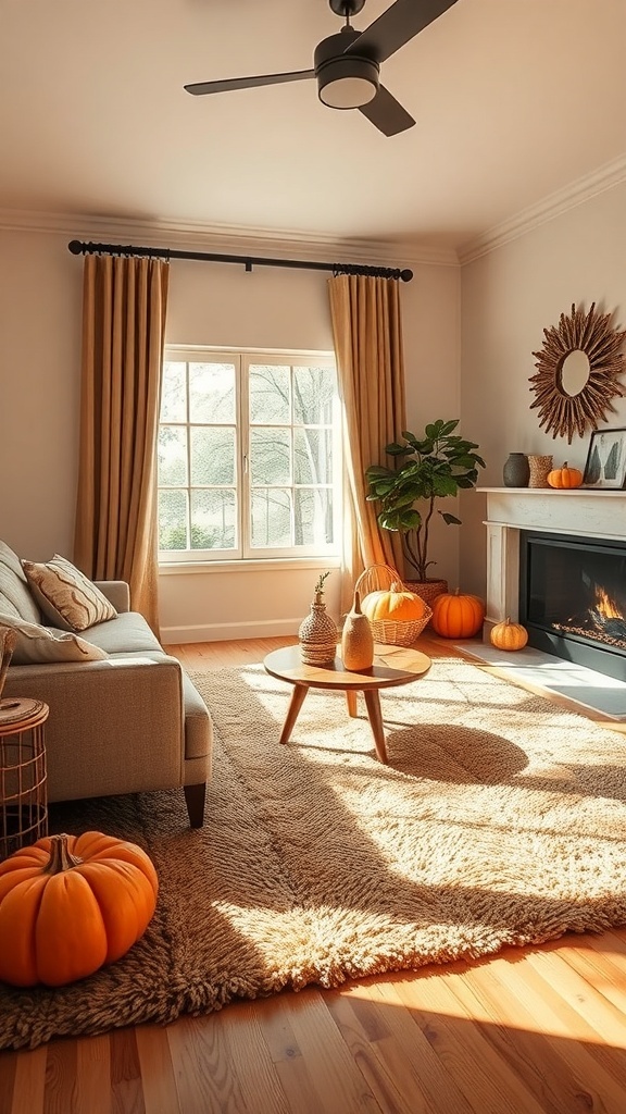 A cozy living room with a plush area rug, pumpkins, and warm lighting.