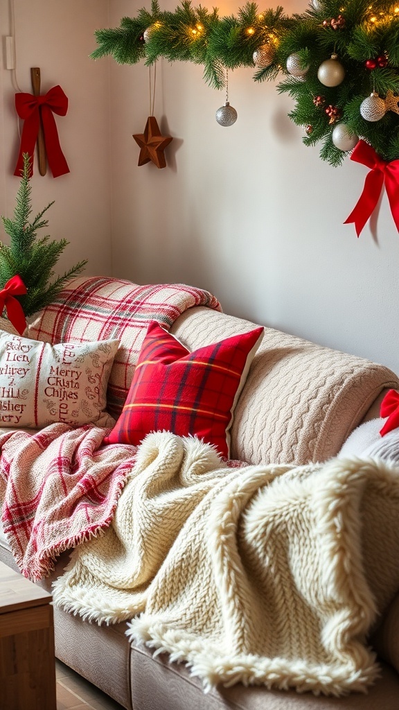 Cozy couch decorated with plush blankets and pillows for Christmas