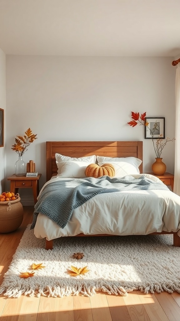 A cozy fall bedroom featuring a plush rug, wooden furniture, and autumn decor.