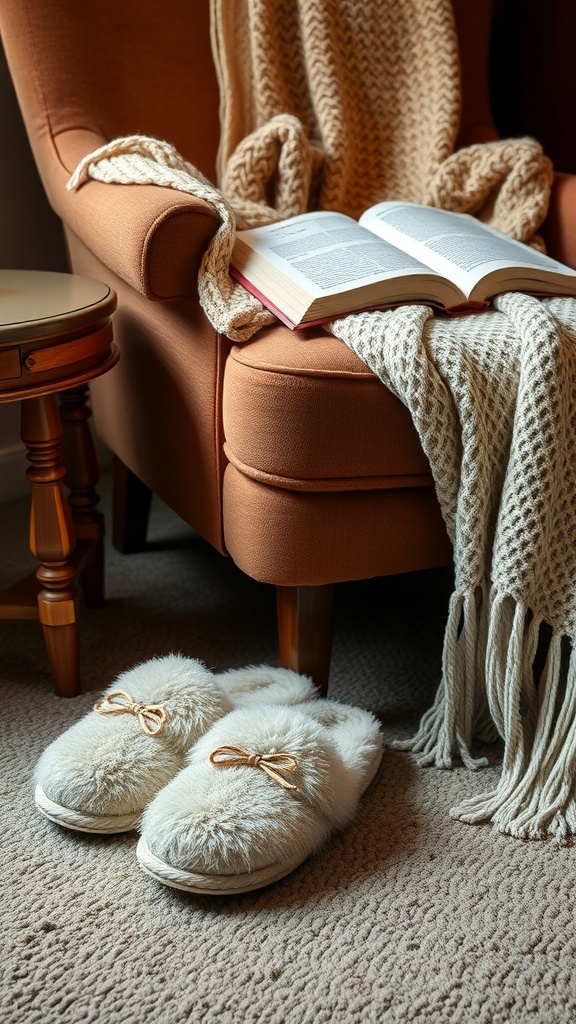 A pair of plush slippers on a carpet next to a cozy armchair with a blanket and an open book.