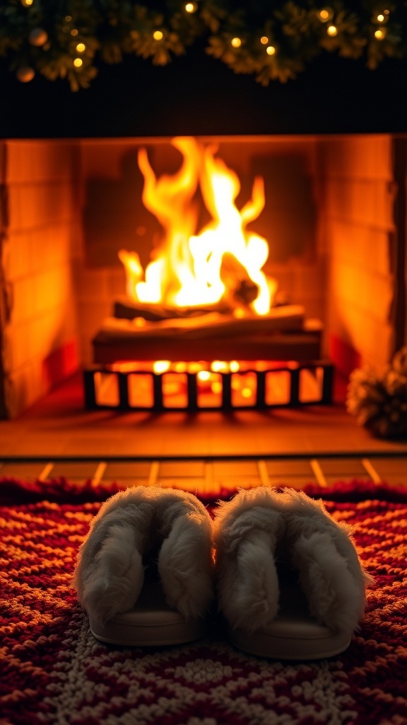 Cozy plush slippers in front of a warm fireplace