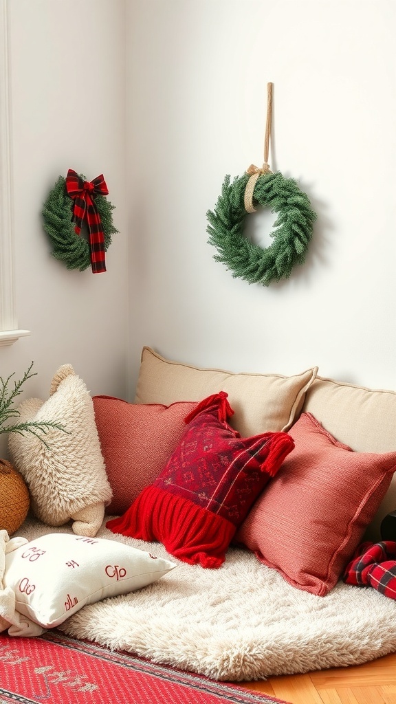A cozy corner with plush pillows and throws in festive colors, perfect for a Christmas room aesthetic.