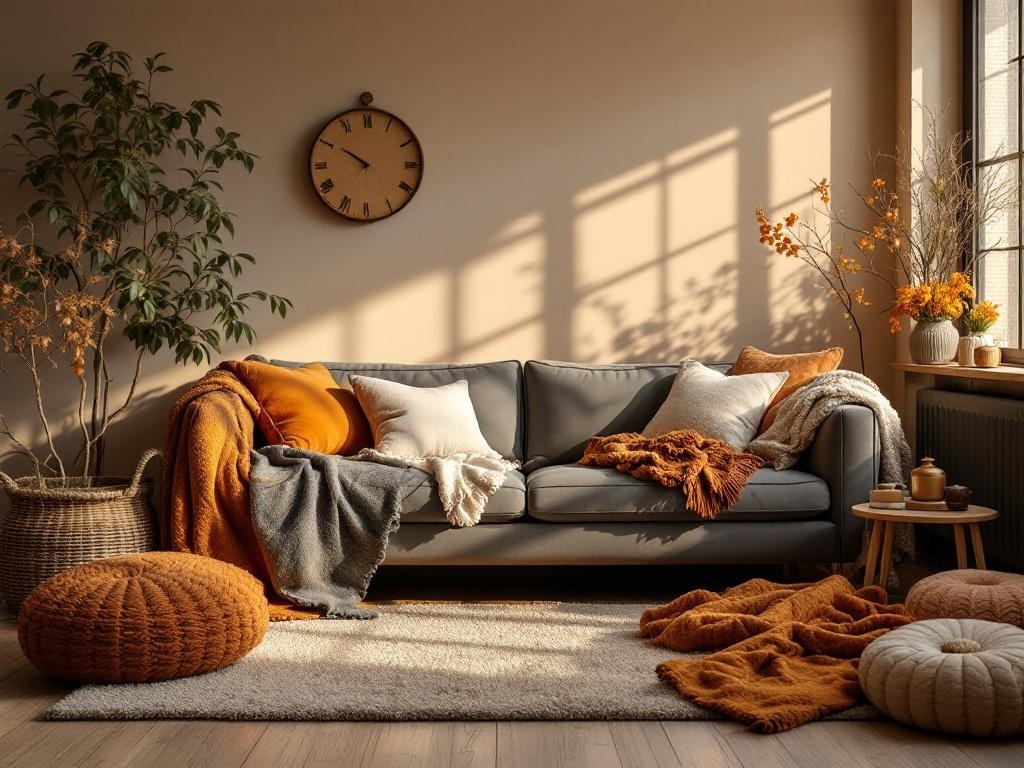A cozy living room decorated for Thanksgiving with plush textiles, including a gray sofa with warm-colored throws and cushions, a knit pouf, and a soft area rug.