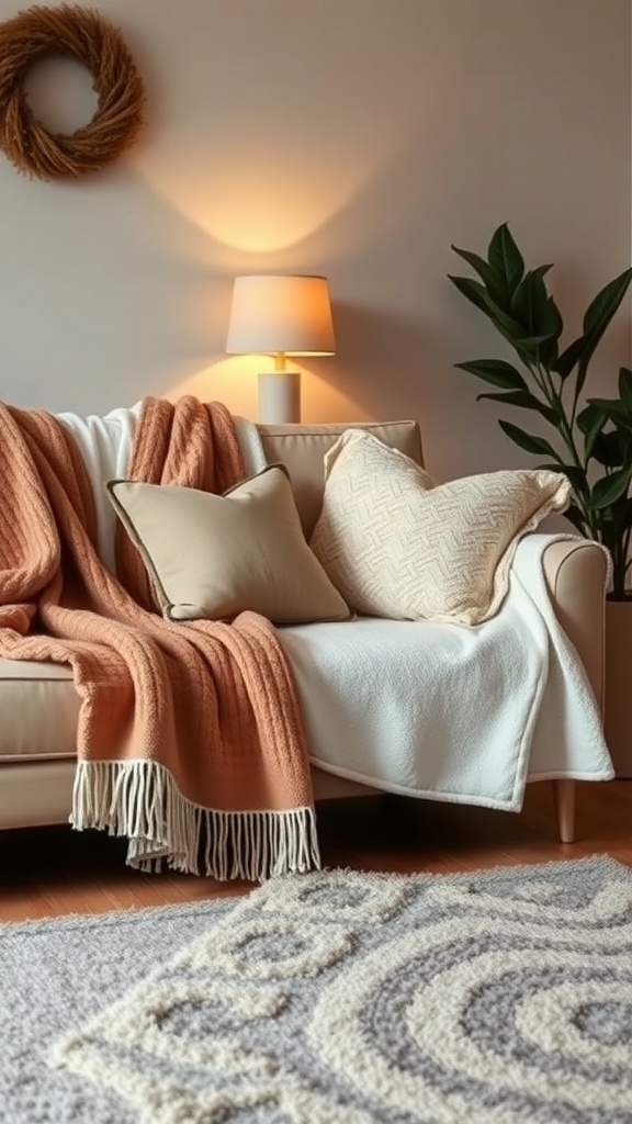 Cozy living room with plush throw blankets and pillows on a couch.