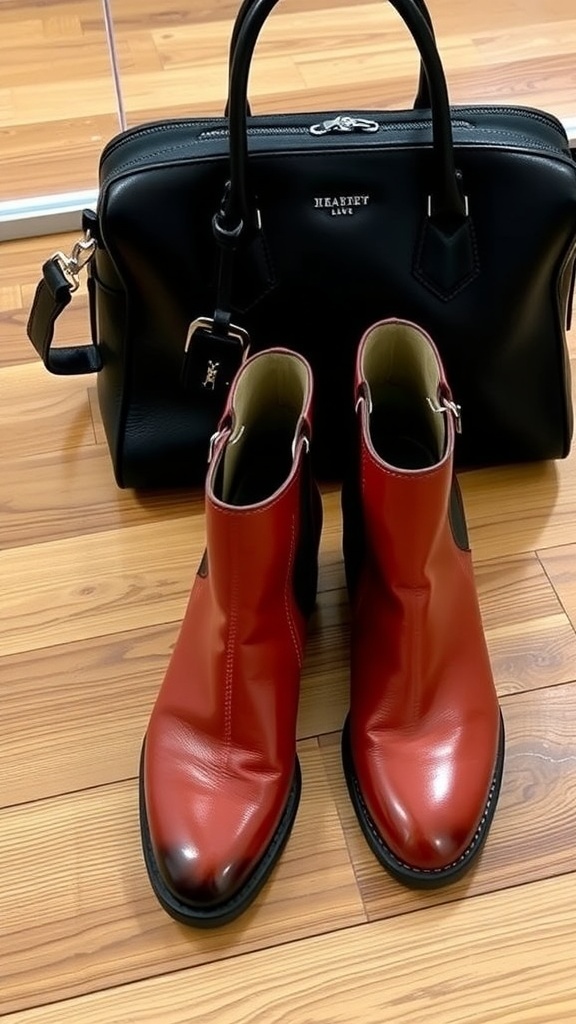 A pair of polished red ankle boots next to a black handbag on a wooden floor.