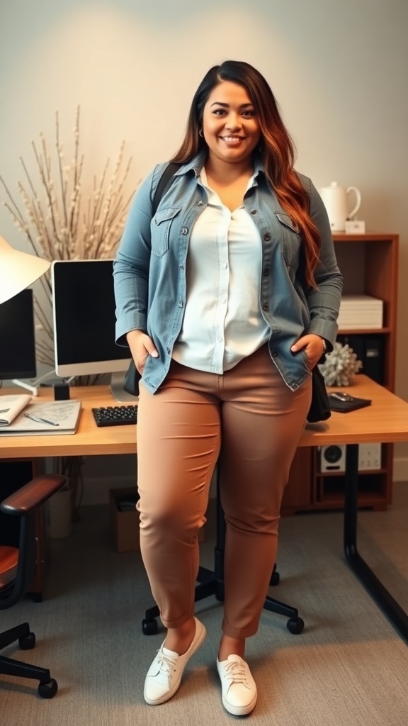 A pair of dark chinos laid out on a wooden desk with a laptop and stationery.