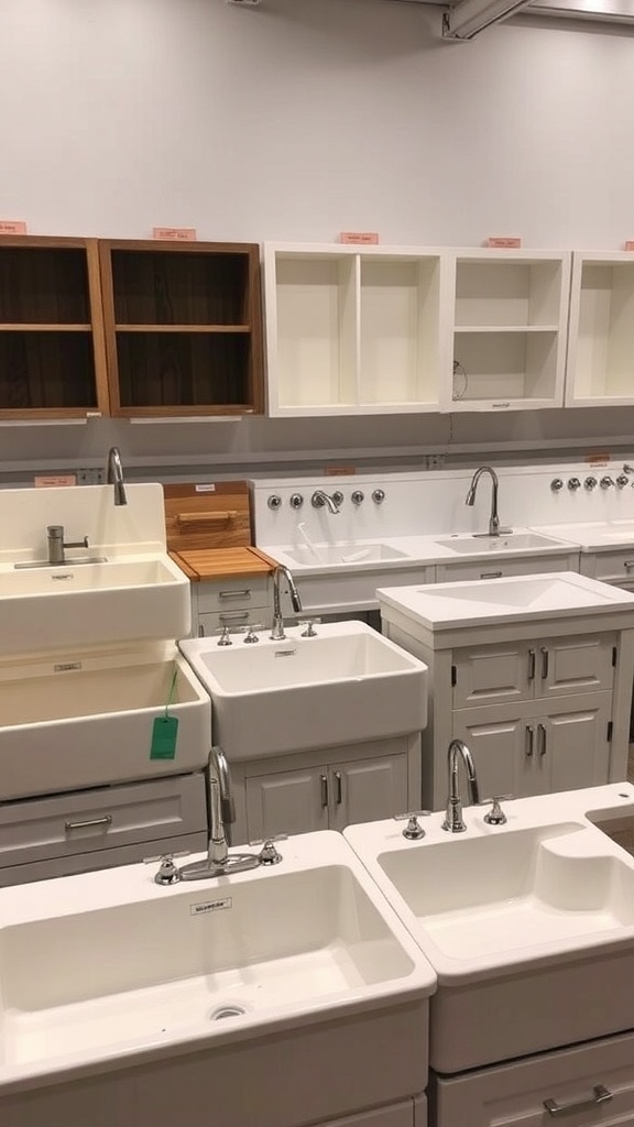 Display of various farmhouse kitchen sinks in a showroom.