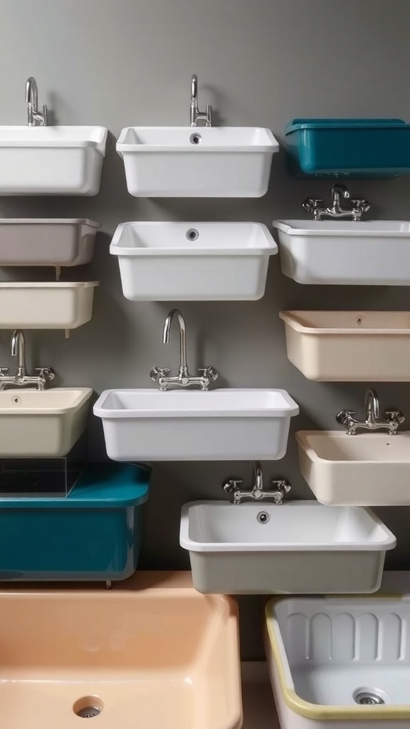 A variety of farmhouse sinks in different colors and styles