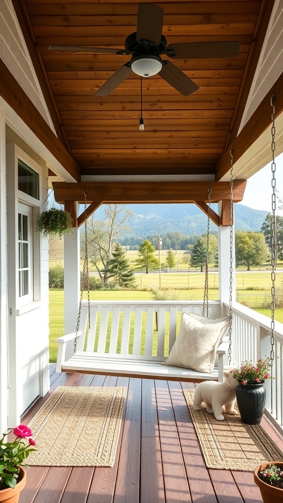 A cozy porch swing on a rustic modern farmhouse with a scenic view.