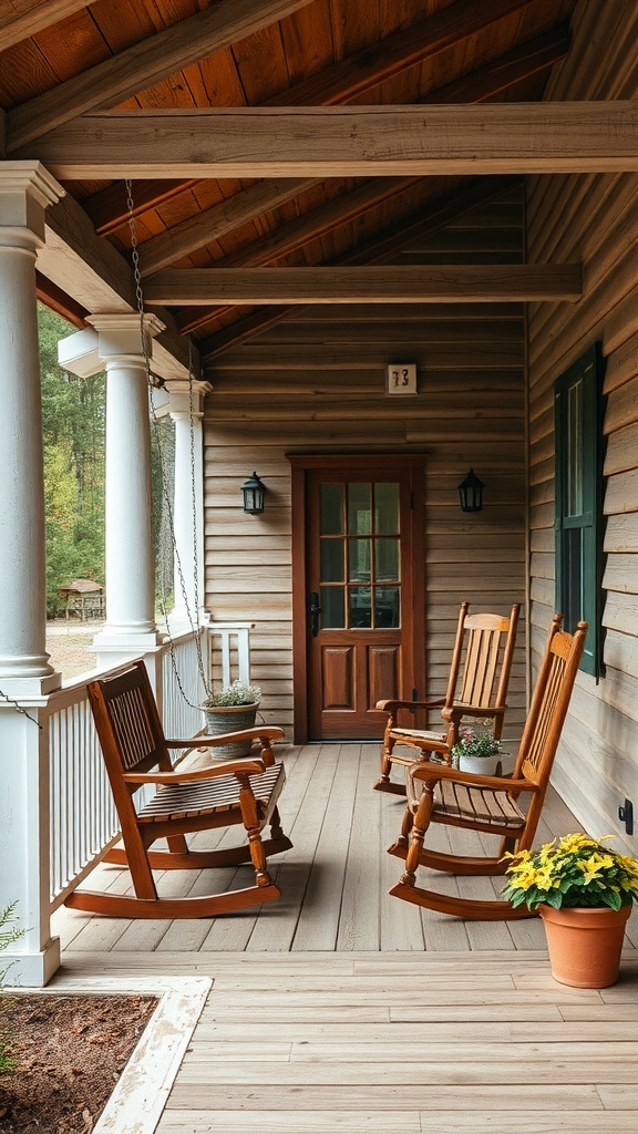Rustic porch with wooden rocking chairs and potted plants.