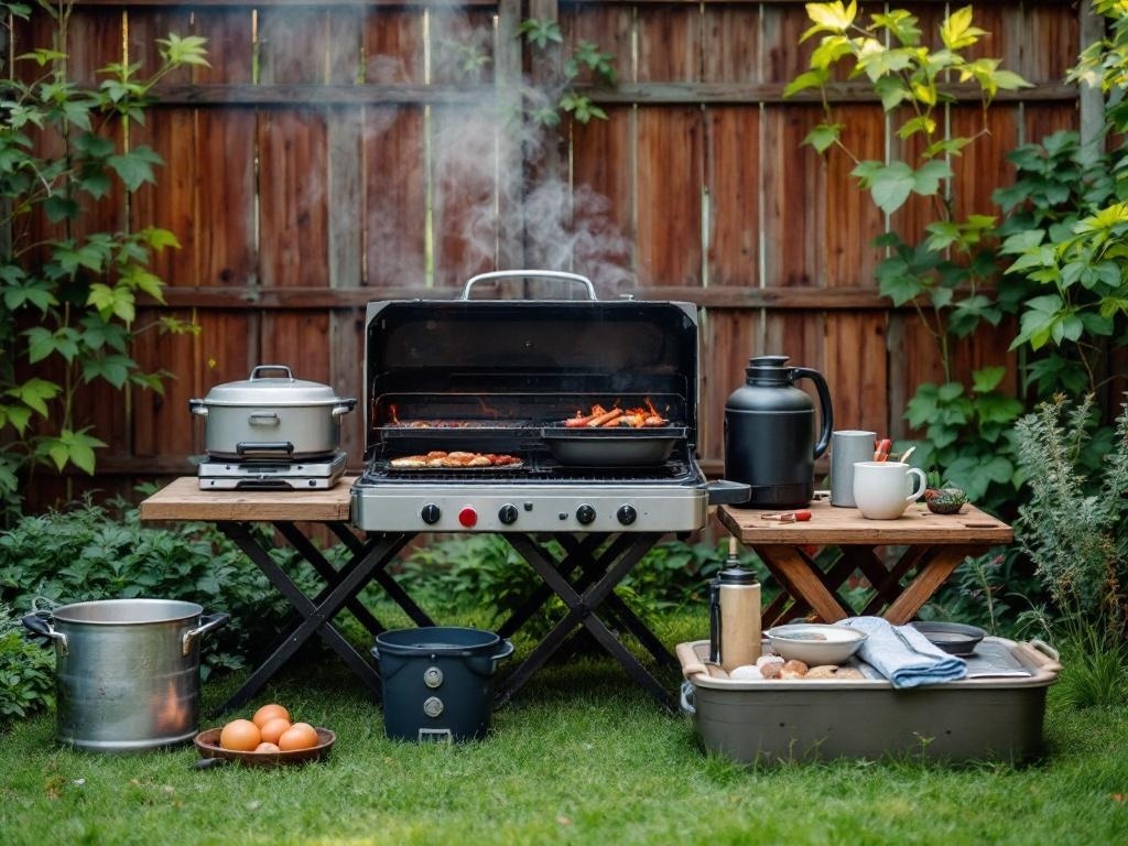 A portable outdoor cooking setup featuring a grill, pots, and various cooking utensils in a backyard.