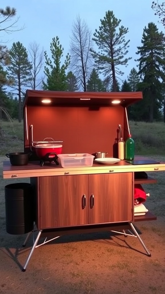 A portable outdoor kitchen setup with a countertop, storage, and cooking equipment in a natural setting.