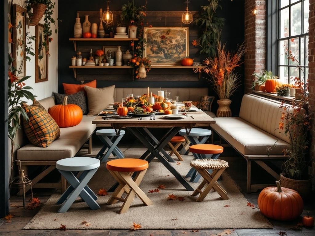 Cozy Thanksgiving dining setup with portable seating options including benches and colorful stools.