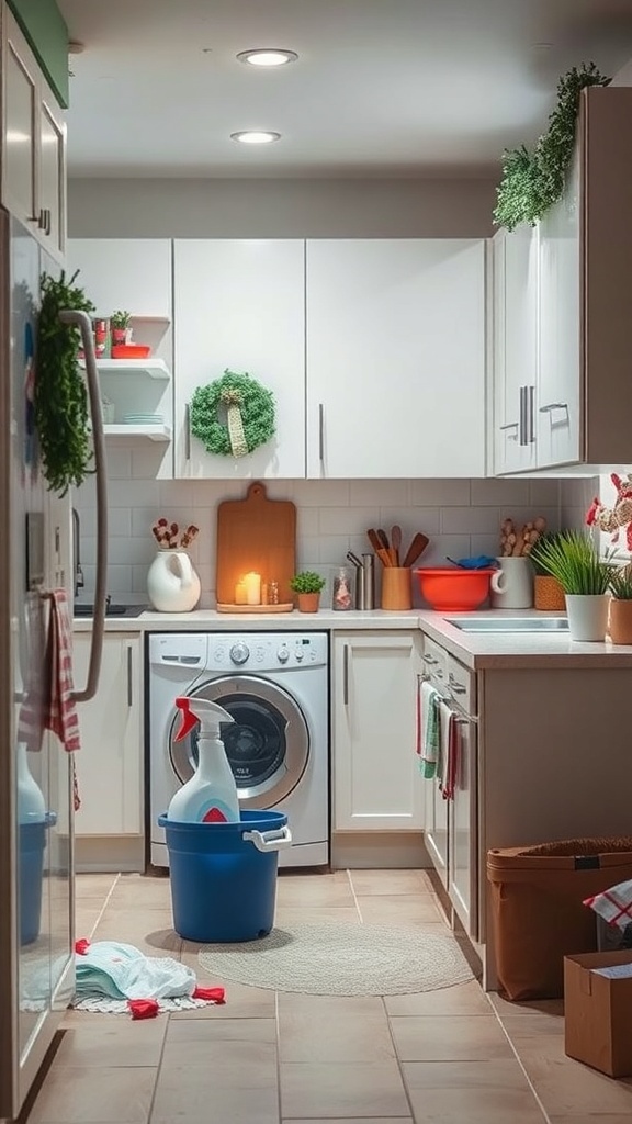 A cozy kitchen decorated for Christmas with cleaning supplies ready for post-holiday cleanup.