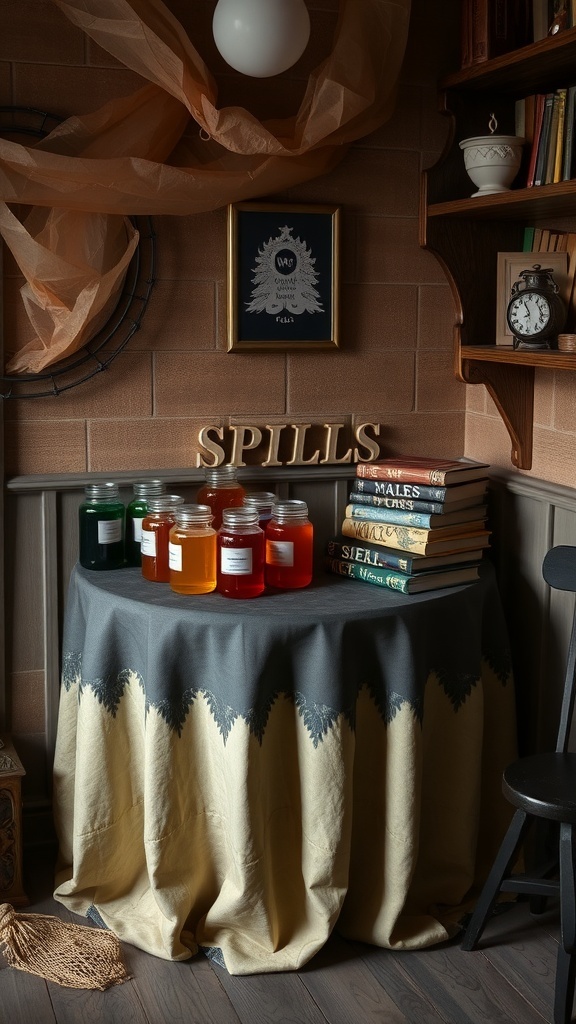 A Halloween potion and spell station with colorful jars and books on a table.
