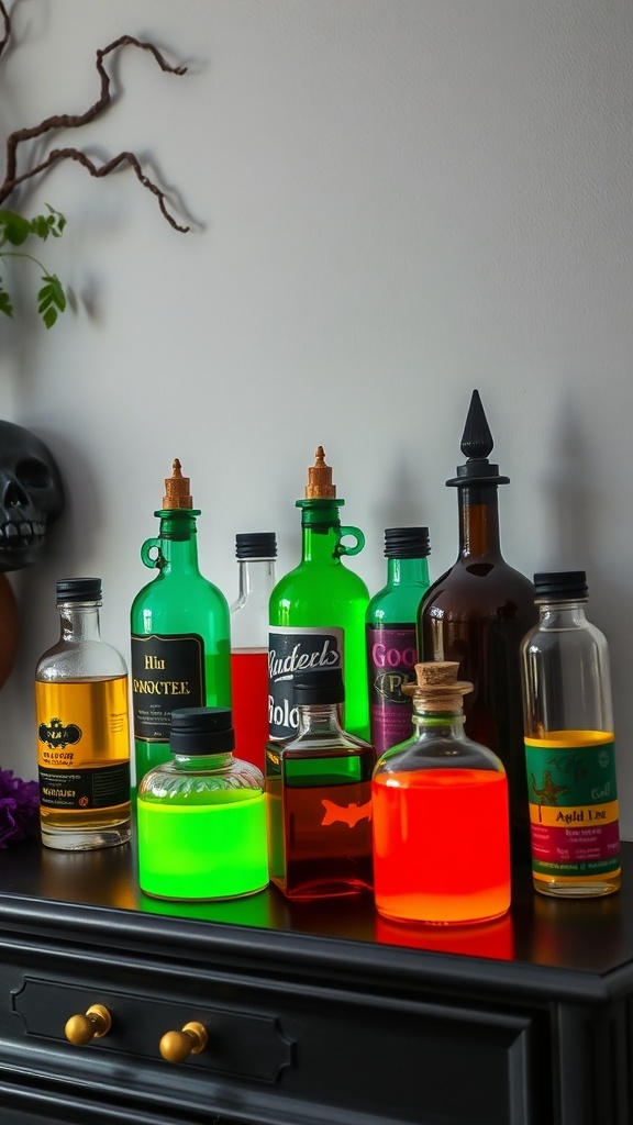 A collection of colorful potion bottles in various shapes and sizes, displayed on a dark surface with a spooky atmosphere.