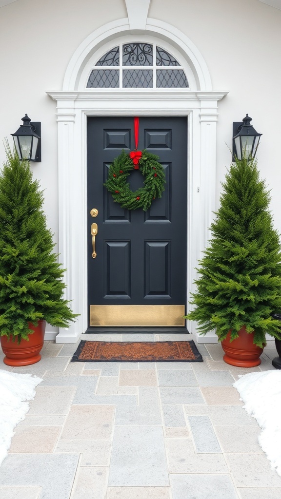 Christmas front door decor with potted evergreens and a wreath