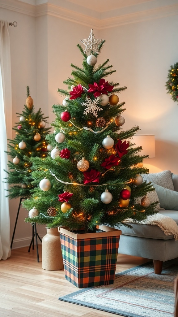 A cozy living room featuring two potted evergreen trees decorated with ornaments and lights.