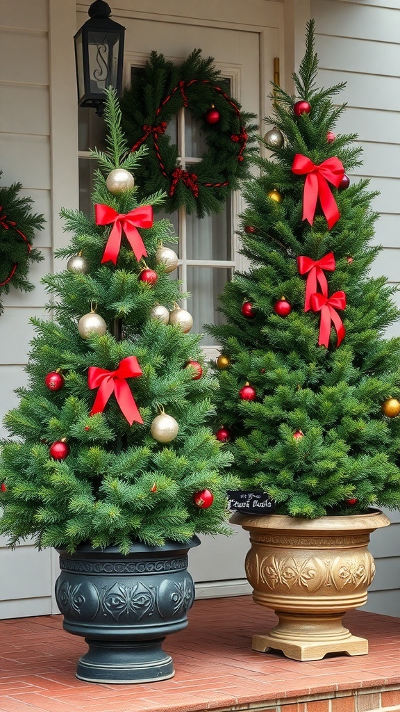 Two potted evergreen trees decorated with red bows and ornaments on a front porch.