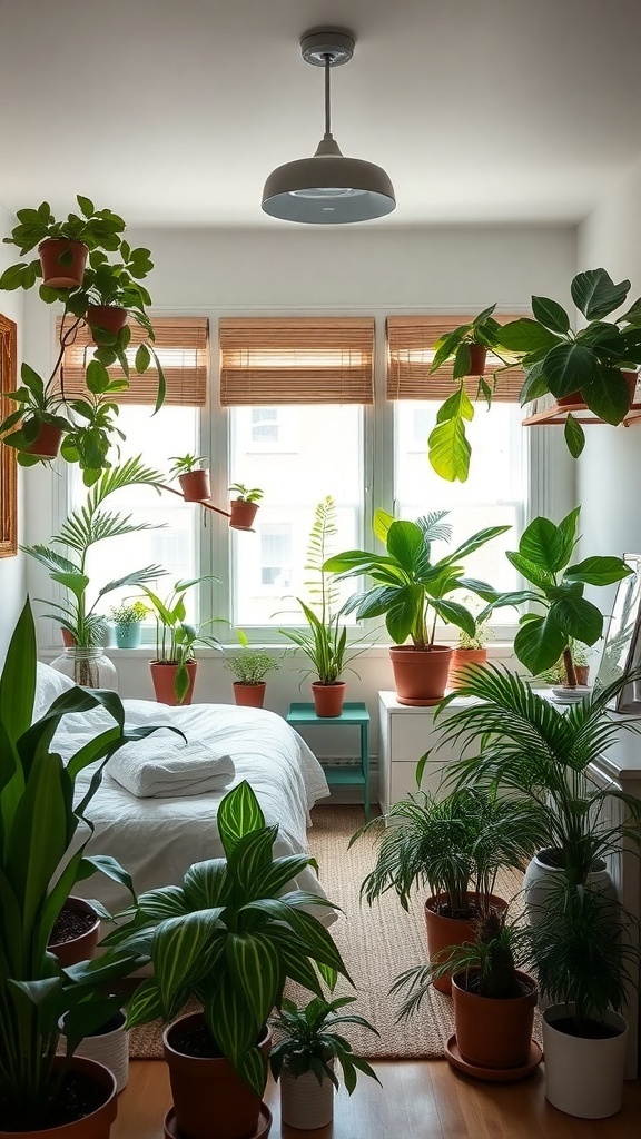 A cozy bedroom filled with various potted indoor plants, creating a lush and inviting atmosphere.