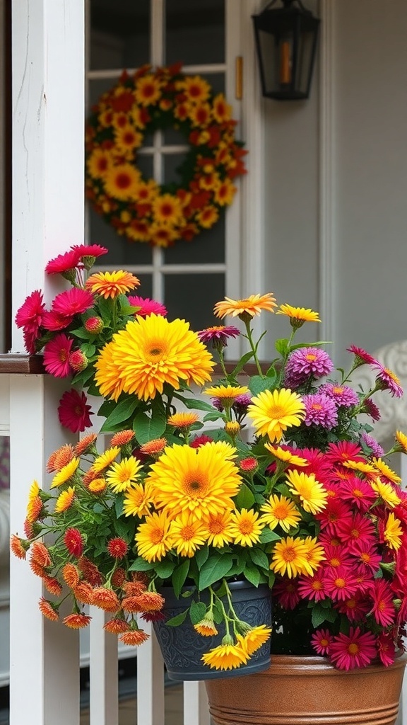 Colorful potted mums and asters on a porch with a floral wreath in the background