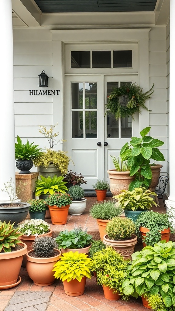 A modern farmhouse porch adorned with various potted plants and greenery.