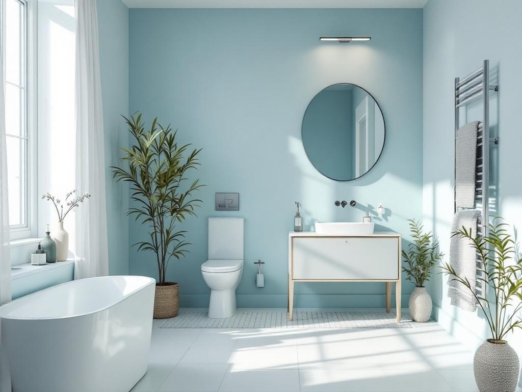 A serene bathroom with powder blue walls, white fixtures, and green plants.