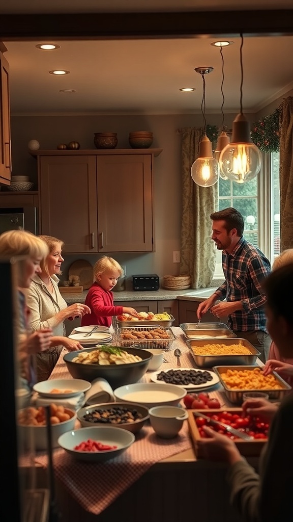 A cozy kitchen scene with family members preparing food for a holiday gathering.