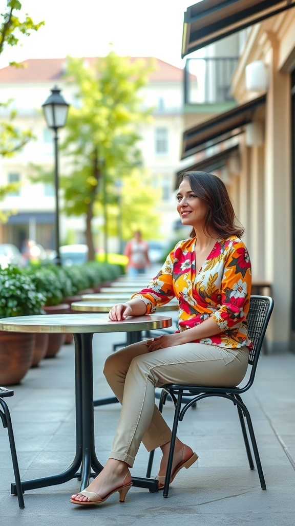 A woman sitting at a cafe wearing a colorful printed blouse and beige chinos, enjoying a sunny day.