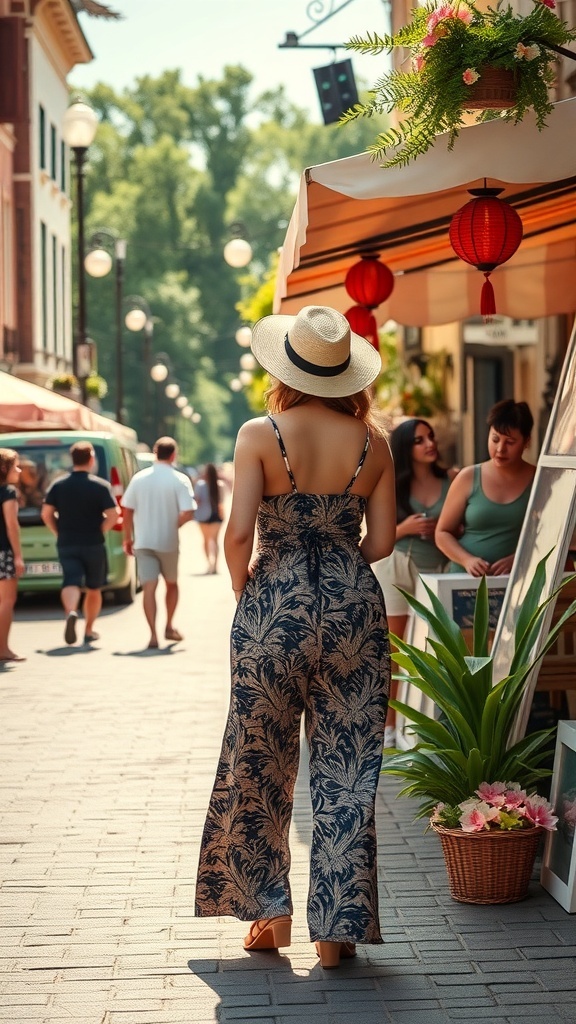 A woman wearing printed palazzo pants and a hat, walking in a vibrant street market.