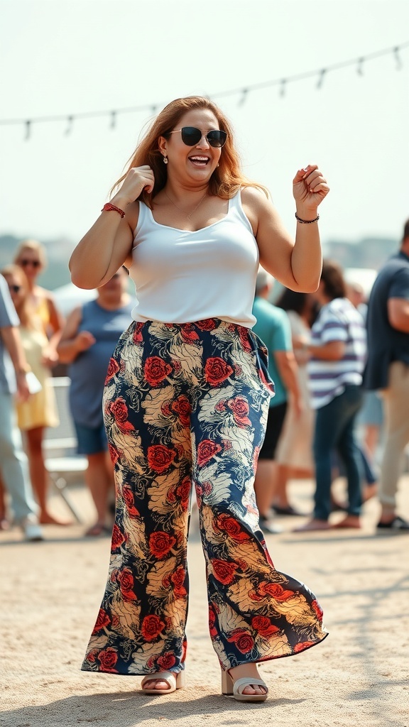 A woman wearing floral printed palazzo pants and a white tank top, smiling and enjoying a summer event.