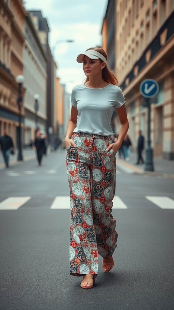 A woman walking in a city wearing printed wide-leg trousers and a light top.