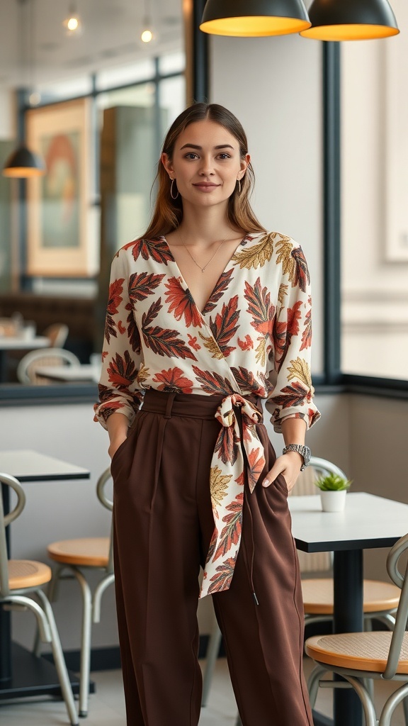 A woman in a floral printed wrap top and high-waisted trousers, standing in a modern cafe.