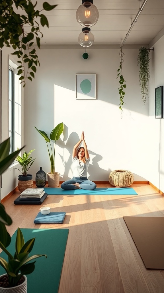 A serene home yoga and meditation space with natural light, plants, and yoga mats.