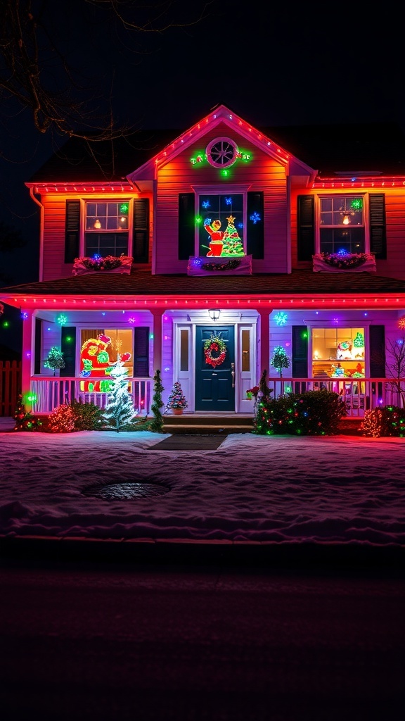 A house decorated with colorful Christmas lights and projector displays featuring holiday scenes.