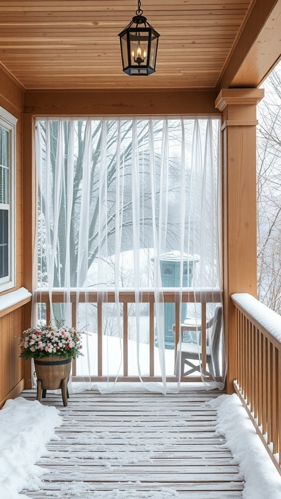 A winter porch with sheer curtains, wooden flooring, and a flower pot, surrounded by snow.